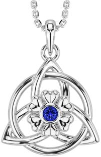 Sapphire White Gold Celtic Trinity Knot Irish Flower Necklace