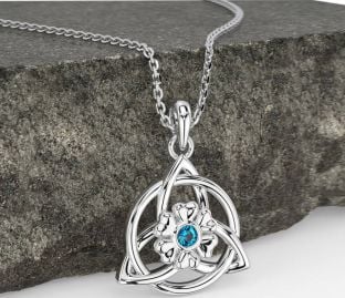 Topaz White Gold Celtic Trinity Knot Irish Flower Necklace