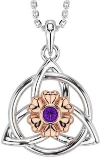 Amethyst White Rose Gold Celtic Trinity Knot Irish Flower Necklace