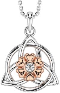 Diamond White Rose Gold Celtic Trinity Knot Irish Flower Necklace