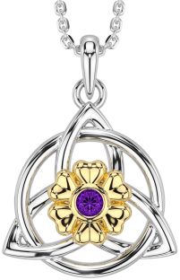 Amethyst White Yellow Gold Celtic Trinity Knot Irish Flower Necklace