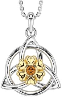 Citrine White Yellow Gold Celtic Trinity Knot Irish Flower Necklace