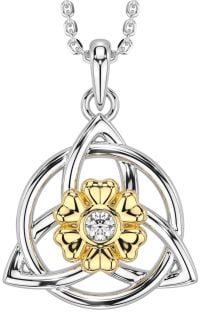 Diamond White Yellow Gold Celtic Trinity Knot Irish Flower Necklace