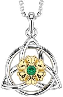 Emerald White Yellow Gold Celtic Trinity Knot Irish Flower Necklace