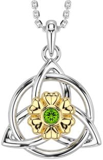 Peridot White Yellow Gold Celtic Trinity Knot Irish Flower Necklace