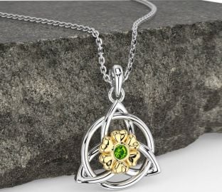 Peridot White Yellow Gold Celtic Trinity Knot Irish Flower Necklace