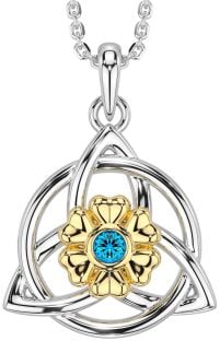 Topaz White Yellow Gold Celtic Trinity Knot Irish Flower Necklace