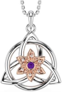 Diamond Amethyst Rose Gold Silver Celtic Trinity Knot Irish Flower Necklace