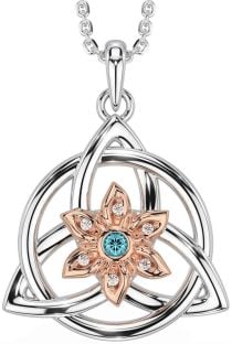 Diamond Aquamarine Rose Gold Silver Celtic Trinity Knot Irish Flower Necklace