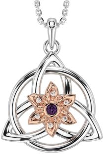 Diamond Alexandrite Rose Gold Silver Celtic Trinity Knot Irish Flower Necklace