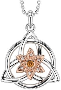 Diamond Citrine Rose Gold Silver Celtic Trinity Knot Irish Flower Necklace