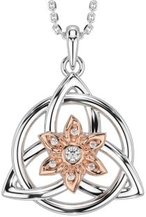 Diamond Rose Gold Silver Celtic Trinity Knot Irish Flower Necklace