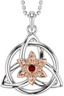 Diamond Garnet Rose Gold Silver Celtic Trinity Knot Irish Flower Necklace