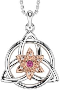 Diamond Pink Tourmaline Rose Gold Silver Celtic Trinity Knot Irish Flower Necklace