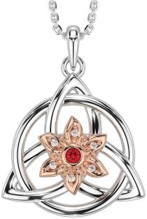 Diamond Ruby Rose Gold Silver Celtic Trinity Knot Irish Flower Necklace