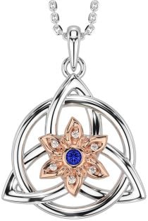 Diamond Sapphire Rose Gold Silver Celtic Trinity Knot Irish Flower Necklace