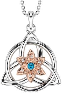 Diamond Topaz Rose Gold Silver Celtic Trinity Knot Irish Flower Necklace