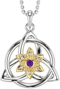 Diamond Amethyst Gold Silver Celtic Trinity Knot Irish Flower Necklace