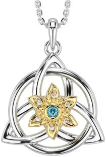 Diamond Aquamarine Gold Silver Celtic Trinity Knot Irish Flower Necklace