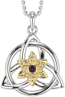 Diamond Alexandrite Gold Silver Celtic Trinity Knot Irish Flower Necklace