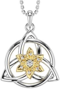 Diamond Gold Silver Celtic Trinity Knot Irish Flower Necklace