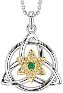 Diamond Emerald Gold Silver Celtic Trinity Knot Irish Flower Necklace