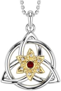 Diamond Garnet Gold Silver Celtic Trinity Knot Irish Flower Necklace