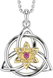 Diamond Pink Tourmaline Gold Silver Celtic Trinity Knot Irish Flower Necklace