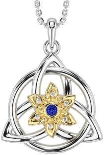 Diamond Sapphire Gold Silver Celtic Trinity Knot Irish Flower Necklace