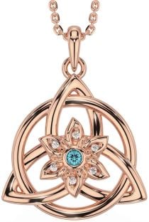 Diamond Aquamarine Rose Gold Silver Celtic Trinity Knot Irish Flower Necklace