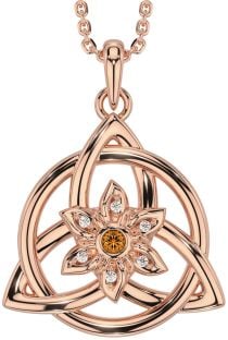 Diamond Citrine Rose Gold Silver Celtic Trinity Knot Irish Flower Necklace