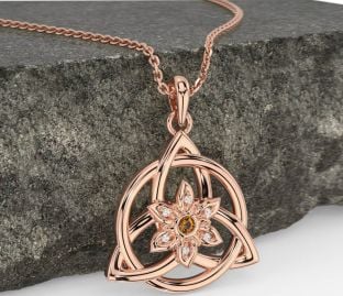 Diamond Citrine Rose Gold Silver Celtic Trinity Knot Irish Flower Necklace