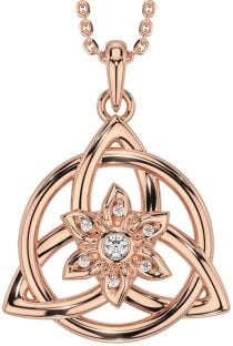 Diamond Rose Gold Silver Celtic Trinity Knot Irish Flower Necklace