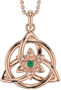 Diamond Emerald Rose Gold Silver Celtic Trinity Knot Irish Flower Necklace