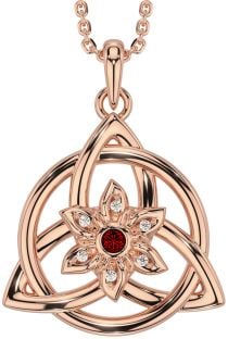 Diamond Garnet Rose Gold Silver Celtic Trinity Knot Irish Flower Necklace