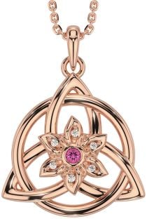 Diamond Pink Tourmaline Rose Gold Silver Celtic Trinity Knot Irish Flower Necklace