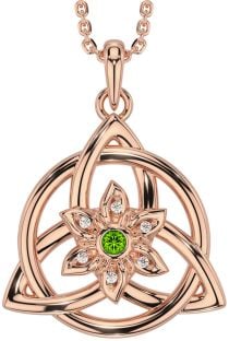 Diamond Peridot Rose Gold Silver Celtic Trinity Knot Irish Flower Necklace