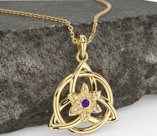 Diamond Amethyst Gold Silver Celtic Trinity Knot Irish Flower Necklace