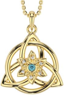 Diamond Aquamarine Gold Silver Celtic Trinity Knot Irish Flower Necklace