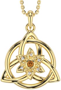 Diamond Citrine Gold Silver Celtic Trinity Knot Irish Flower Necklace