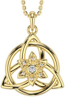 Diamond Gold Silver Celtic Trinity Knot Irish Flower Necklace