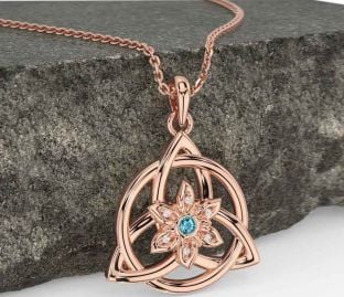 Diamond Aquamarine Rose Gold Celtic Trinity Knot Irish Flower Necklace