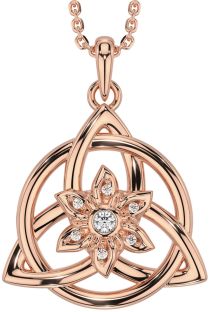 Diamond Rose Gold Celtic Trinity Knot Irish Flower Necklace