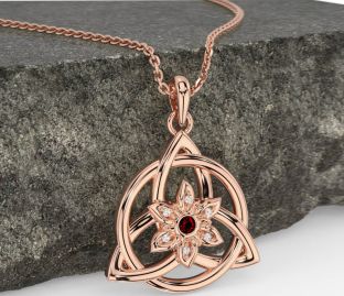 Diamond Garnet Rose Gold Celtic Trinity Knot Irish Flower Necklace