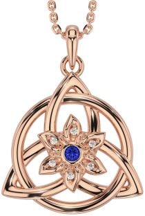 Diamond Sapphire Rose Gold Celtic Trinity Knot Irish Flower Necklace