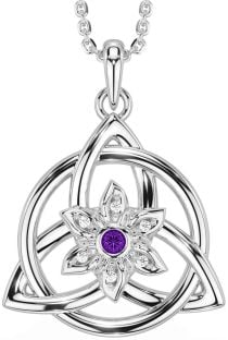 Diamond Amethyst Silver Celtic Trinity Knot Irish Flower Necklace