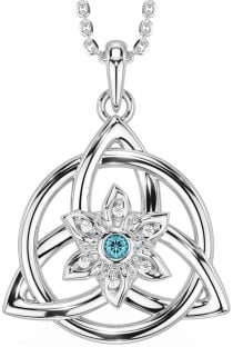 Diamond Aquamarine Silver Celtic Trinity Knot Irish Flower Necklace