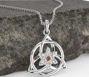 Diamond Citrine Silver Celtic Trinity Knot Irish Flower Necklace