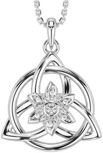 Diamond Silver Celtic Trinity Knot Irish Flower Necklace