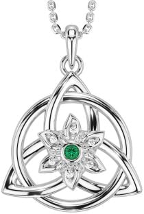 Diamond Emerald Silver Celtic Trinity Knot Irish Flower Necklace